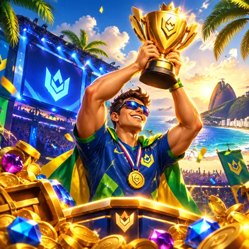 Arena de e-sports com telões e jogadores competindo em partida valendo campeonato