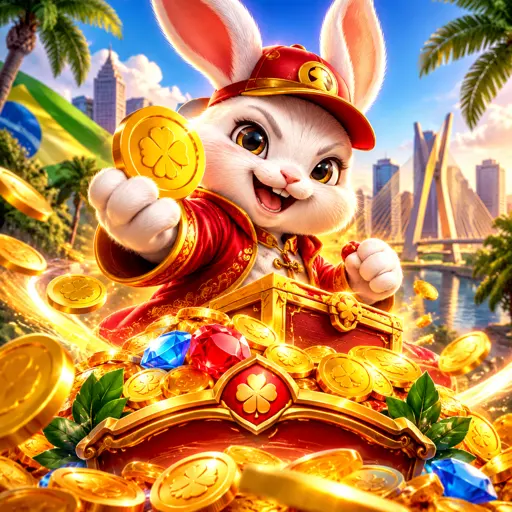 Arte do Fortune Rabbit com o coelho da sorte segurando moedas de ouro